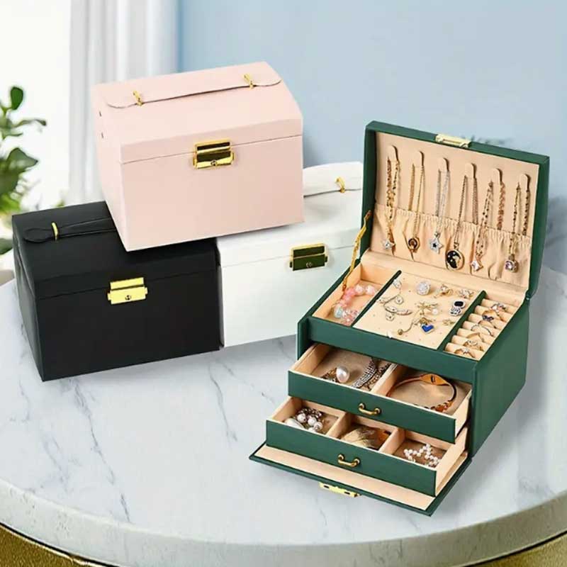 Lockbox Key Secure - สามลิ้นชักมือถือกล่องเครื่องประดับต่างหูแหวนสร้อยคอกล่องเก็บหนัง PU กล่องแสดงเครื่องประดับพร้อมกุญแจล็อค