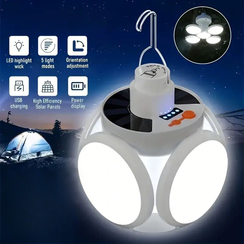 Power Outage Light - ไฟชาร์จพลังงานแสงอาทิตย์พร้อมตะขอ โหมดแสงสว่างหลายโหมด ไฟพกพาพับได้กลางแจ้ง IP65 ไฟฉุกเฉินพลังงานแสงอาทิตย์กันน้ํา